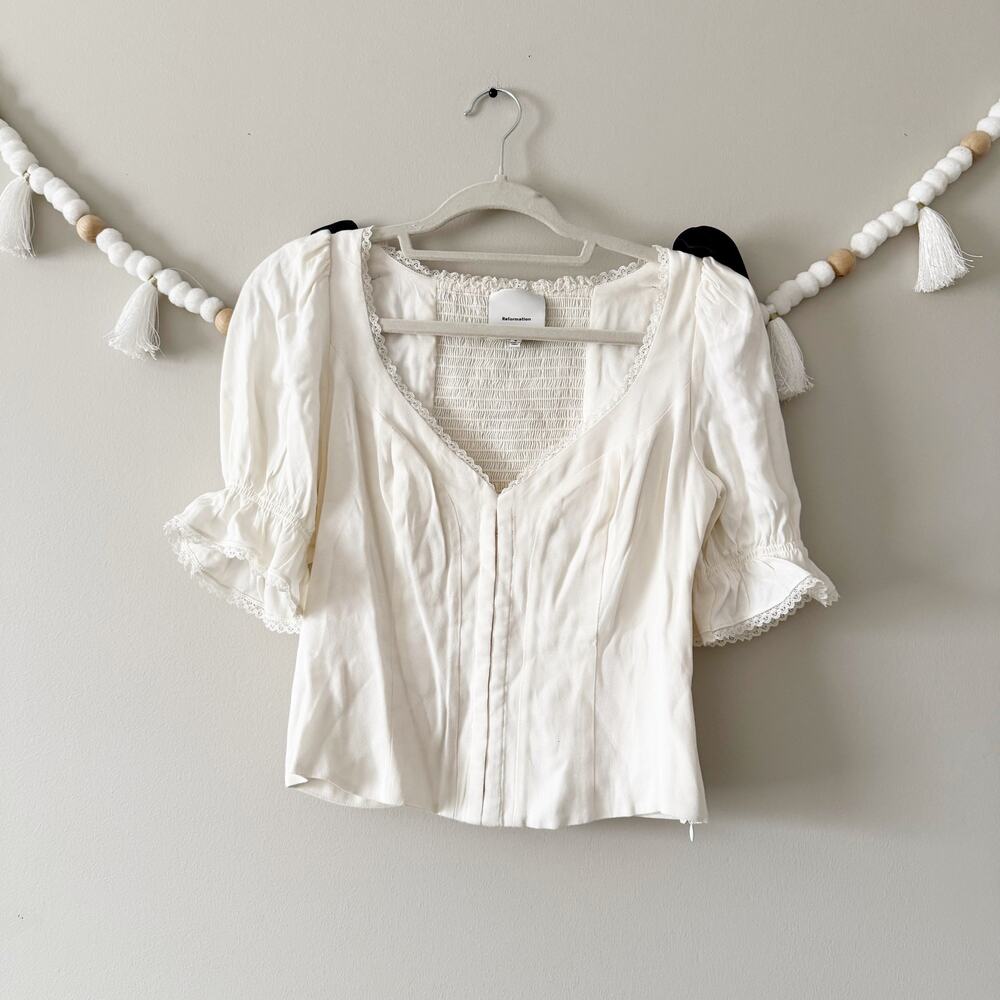 Reformation Inara Top Cropped Smocked Lace Trim Bow Shoulders Gossamer Size 6 - Picture 7 of 8